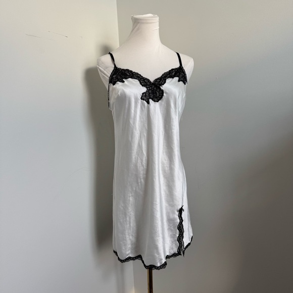 Vintage Silver Satin Slip Dress Black Lace Trim Whimsigoth Coquette Lingerie M - Picture 5 of 10